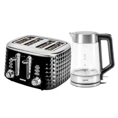 Image of Geepas 4 Slice Bread Toaster &amp; 1.7L Illuminating Electric Glass Kettle Combo Set 1750W Toaster, 7 Level Browning Control 3000W Cordless Jug Kettle, Auto Shut Off Boil Dry Sensor Black