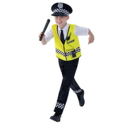 Image of Smiffys Police Costume, Black with Top, Trousers, Hat &amp; Radio Set, Boys Fancy Dress, Cops and Robbers Dress Up Costumes