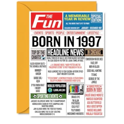 Image of 27th Birthday Cards for Women Men Born In 1997 Newspaper Happy 27 Card Sister Brother Friend Vintage Retro Back 1997, A5 Twenty Seven Seventh Bday Greeting