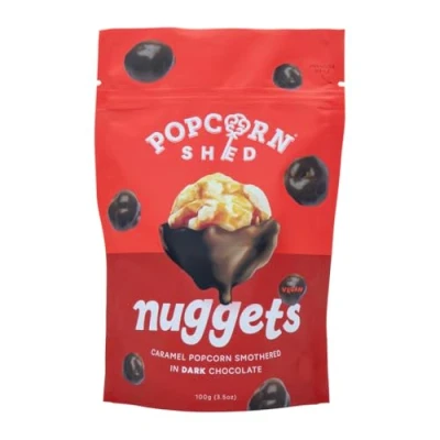 Image of Dark Chocolate Popcorn Nuggets, 8 x 100g Pouch, Caramel Smothered in Belgain Chocolate, VEGAN, Movie Night Snack