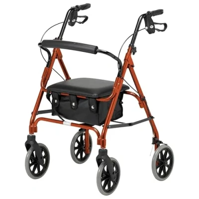 Image of Days Lightweight Folding Four Wheel Rollator Walker with Padded Seat, Lockable Brakes, Ergonomic Handles, and Carry Bag, Limited Mobility Aid, Russet Orange, Large