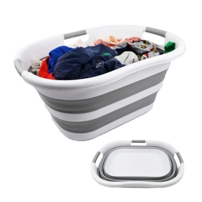 Image of SAMMART 40L Collapsible Plastic Laundry Basket Foldable Pop Up Storage Container/Organizer Portable Washing Tub Space Saving Hamper/Basket (1, White/Grey)