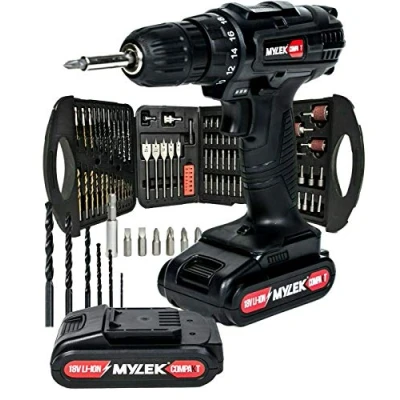 Image of MYLEK 18V Li ion Cordless Drill Driver Set 131 Piece Combi Accessory Kit LED Worklight (131 &amp; 2 Batteries, Black)