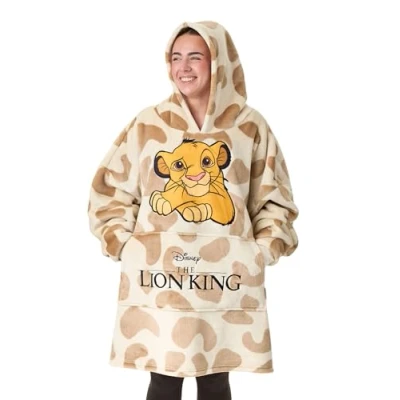 Image of Disney The Lion King Womens Wearable Blanket Hoodie Adults Beige Hooded Pullover with Simba Character Embroidery and Animal All Over Print Ladies One Size Sherpa Lined Loungewear Pockets
