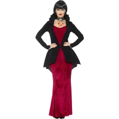 Image of Smiffys Deluxe Regal Vampiress Costume, Red with Dress &amp; Attached Jacket, Halloween Adult Fancy Dress, Vampire Up Costumes