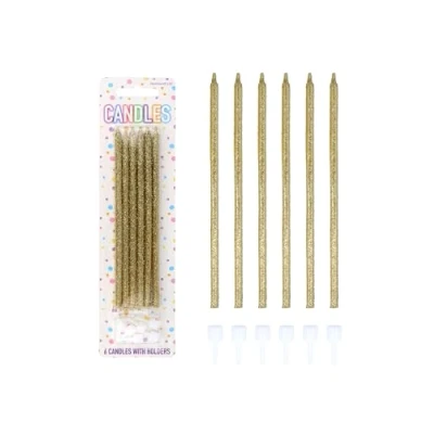 Image of Henbrandt Pack of 6 Glitter Gold Party Candles with Candle Holders, 14cm Long Tall Celebration for Birthday Cakes Baby Shower and Anniversary Decorations