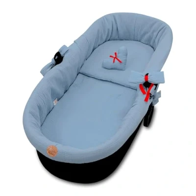 Image of Border Muslin for prams Cover Baby Bath nest pram Accessories Set 3 Piece with Pillow and Mattress Blue