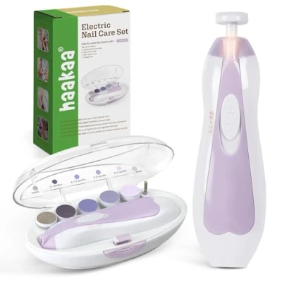 Image of haakaa Baby Nail Trimmer Electric File Kit with LED Light, Clippers for Newborn/Infants/Adults Toenails and Fingernails, 6 Replacement Heads &amp; Storage Case, Lavender