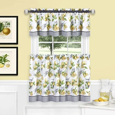 Image of Light Filtering Window Curtain, Printed Tier &amp; Valance Set 58 Inch Length, 24 Width Lemon Drop (Yellow), Machine Washable Drape for Kitchen, Bedroom, Living, Dining Room by Achim Home Decor