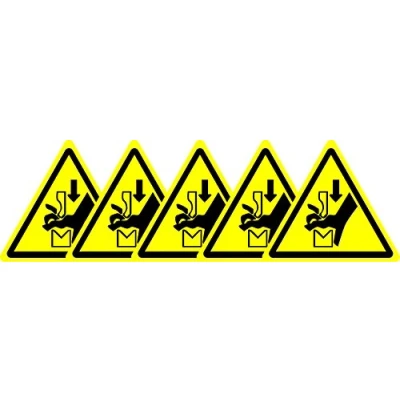 Image of ISO Safety Label Sign International Warning Hand crushing between press brake tool Symbol Self adhesive sticker 100mm Diameter (PACK OF 5 STICKERS)