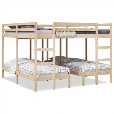 Image of vidaXL Triple Bunk Bed Frame Solid Pine Wood 140x200/70x140 cm Space Saving Beds for Kids with Built in Ladders and Guardrails
