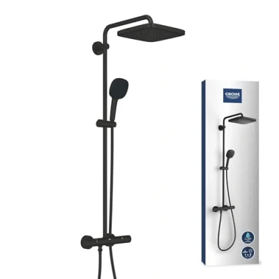 Image of Grohe Vitalio Comfort 250 Shower Column with Thermostatic Mixer, Square Head 25 cm 1 Jet, 11 2 Jets, Flexible 1.75 m, Water Saving, Matte Black, 266972431