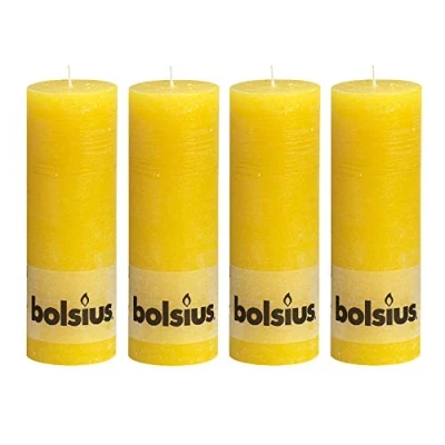 Image of Bolsius Yellow Pillar Paraffin Wax Candle Set of 4 65 Hour Burn Time 19cm (H) x 6.8cm (Dia)