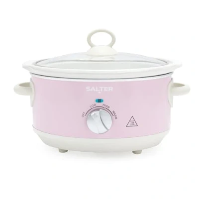 Image of Salter Retro Pink 3.5L Slow Cooker 3 Heat Settings &amp; Keep Warm, Dishwasher Safe Ceramic Pot, Tempered Glass Lid, Cool Touch Handles, Family Cooking, Stews, Casseroles, Curries, Vintage Design, 200W
