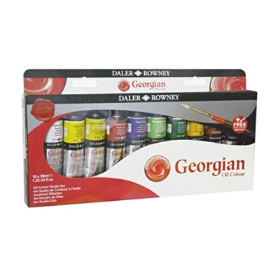 Image of Daler Rowney Georgian 38ml Oil Paint Artist Selection Set with Brush, 10 Assorted Colours, Ideal for Professional Artists &amp; Students
