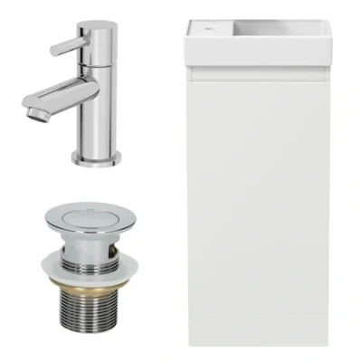Image of Artis® 400mm Bathroom Vanity Unit Ceramic Wash Sink Floorstanding Storage Cabinet Reversible Soft Close Cupboard &amp; Malmo Basin Mixer Tap Waste Set, White Gloss
