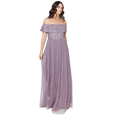 Image of Maya Deluxe Women&#039;s Ladies Bardot Dress Maxi Embellished Hight Empire Waist Sleeveless Tulle for Wedding Guest Prom Graduation Bridesmaid, Moody Lilac, 14