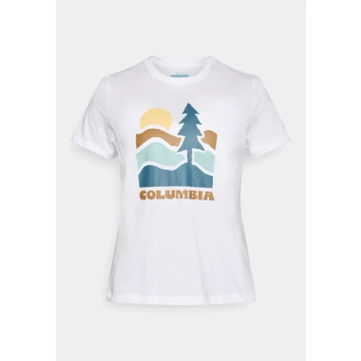 Image of Columbia Women&#039;s Ruby Springs Graphic Fitted Short Sleeve, Sleeve T Shirt, White/Get Hiked, Small