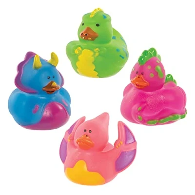 Image of Baker Ross FE318 Dinosaur Rubber Duck Bath Toys Pack of 8, Baby Toys, Party Bag Fillers for Kids, Mini Children