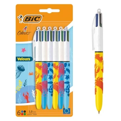 Image of BIC 4 Colours Velours Ball Pens Medium Points (1.00 mm) Sea Life Theme 3 Assorted Designs, Pack of 6