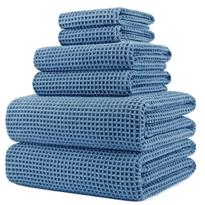 Image of POLYTE Microfibre Oversize, 76 x 152 cm, Quick Dry Lint Free Bath Towel Set, 6 Piece (Blue, Waffle Weave)