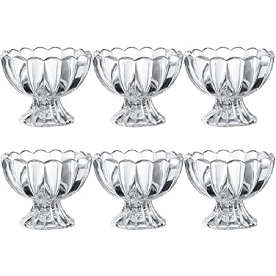 Image of Khanary Set of 6 Glass Ice Cream Bowls Sundae Dessert Glasses Mini Trifle Short Stemmed Serving Dishes Footed Fruit Salad Pudding Cups 120ml