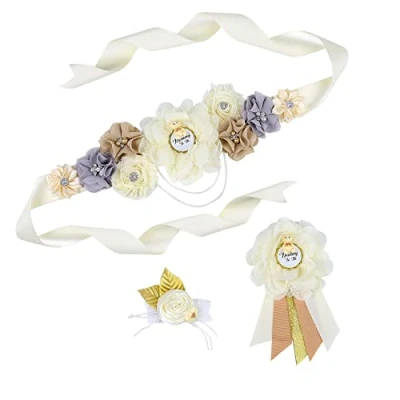 Image of Nishine Ivory Handmade Maternity Flower Sash Belt with Badge Set Pregnant Women Waisband Mom to Be Photography,