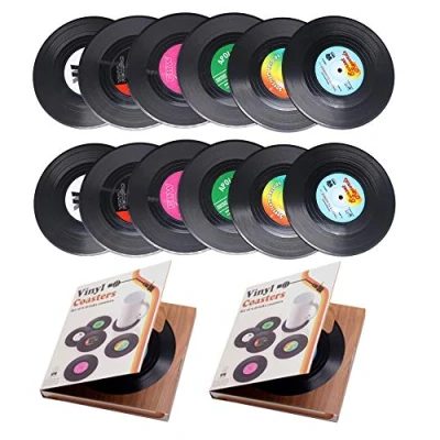 Image of Personalised 12 PCS Retro CD Record Vinyl Anti Heat/Slip Drinks Coasters for Coffee Tea Beer Mug Wine Glass BottleTabletop Protection from Water Marks &amp; Damage Home and Bar