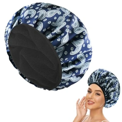 Image of Shower Caps for Women,Triple Layer Satin Hair Bonnet,Reusable Extra Large Cap,Waterproof Cap with Microfiber Liner,Hair All Lengths (Blue Print)