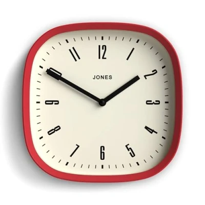 Image of Jones Clocks® Marvel wall clock Retro rounded square 25cm Red Cool designer look for kitchen, living room or office