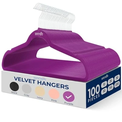 Image of SereneLife 100 Pieces Velvet Hangers Space Saving Heavy Duty Slim Suit Clothes Hanger Set with 360 Degree Swivel Metal Hook, Can Hold Up to 10 Lbs. For Coats, Jackets, Pants &amp; Dress (Purple)