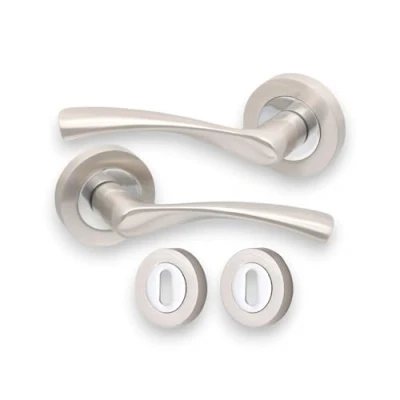 Image of Infinity Decor Pair of Dual Tone Twisted Lever Latch Door Handles on Round Rose with Escutcheons Set Interior Pull Ideal for Exterior and use