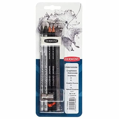 Image of Derwent Watersoluble Graphitone Sampler Kit, Set of 6 Includes Graphite Sticks, Graphic Pencils and Blocks Plus Eraser Sharpener, Professional Quality, 0700662