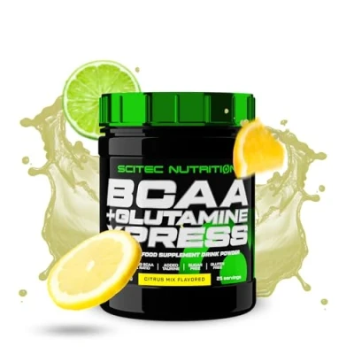 Image of Scitec Nutrition BCAA + Glutamine Xpress Essential Amino Acid Blend with 5g 2:1:1 BCAAs Fortified Taurine, 300 g, Citrus Mix