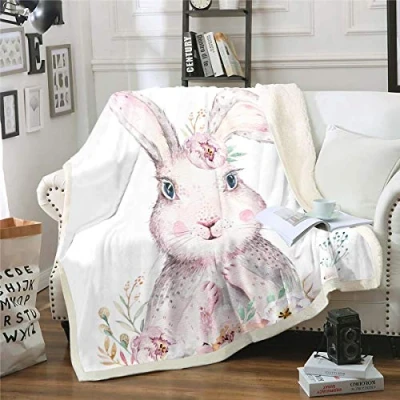 Image of Girls Rabbit Fleece Sherpa Blanket Cute Cartoon Bunny Plush for Chair Sofa Couch Girly Floral Flowers Throw Lovely Animal Theme Bedroom Decor Fuzzy Single 50&quot;x60&quot;