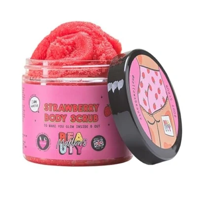 Image of Mallows Beauty Strawberry Body Scrub, Exfoliating Mixed Sugar and Salt Prevents Legs, Vegan Handmade in the UK, 280g