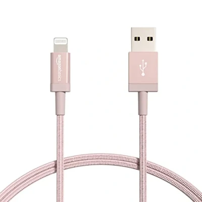 Image of Amazon Basics Nylon Braided Lightning to USB A Cable MFi Certified iPhone Charger, Rose Gold, 0.9 m (2 Pack)