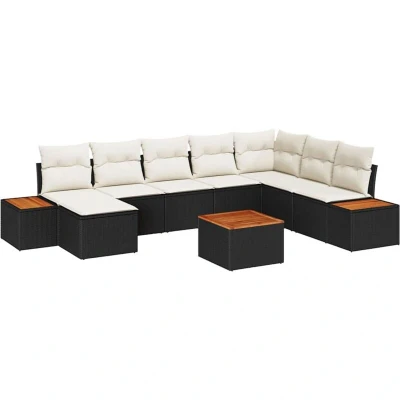 Image of vidaXL 9 Piece Garden Sofa Set with Cushions Black Poly Rattan Acacia