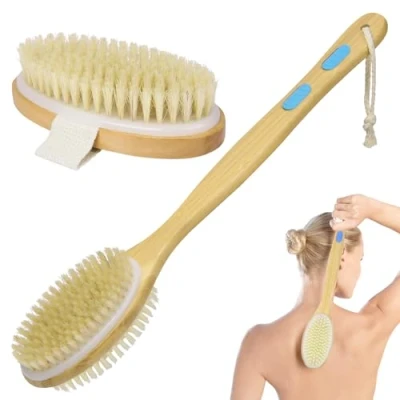 Image of URAQT Brushing Body Brush Set, Natural Bristle Shower et Long Handle Double sided Brush，Dry Back Scrubber for Exfoliating, Massage, Improve Blood Circulation Cellulite