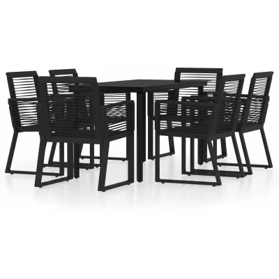 Image of vidaXL 7 Piece Garden Dining Set in Black Weather Resistant, 6 Stackable Chairs, Tempered Glass Tabletop, Stylish Patio Table Legs for Outdoor Powder Coated Steel and Textilene Fabric