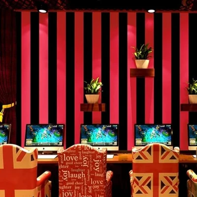 Image of SAIMEYI PVC Wallpaper Vertical Striped Red And Black For Internet Cafes, Hotels, Bars. Modern Style