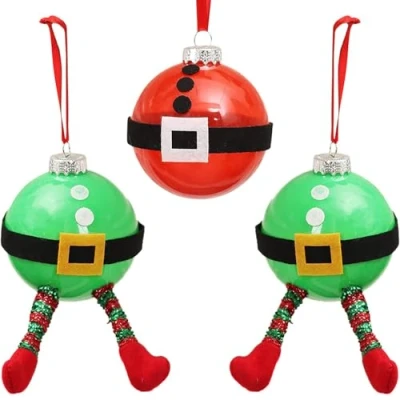 Image of Fassory 3 Pcs 8cm Santa &amp; Elves Christmas Baubles, Hanging Ornaments Tree Decorations, Green Red Mid Large Funny Baubles (Santa Elves)