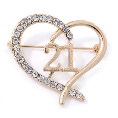 Image of Avalaya Gold Plated Clear Crystal Open Cut Heart &#039;&#039;21&#039;&#039; Brooch 35mm W