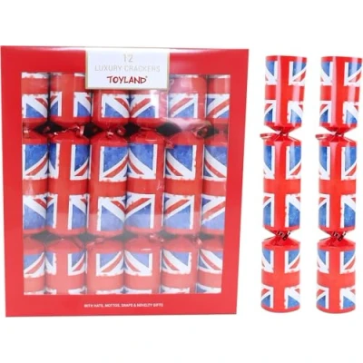 Image of Toyland® 12 Luxury Union Jack Design Party Crackers Red, White &amp; Blue British Theme Decorations Christmas Ornaments