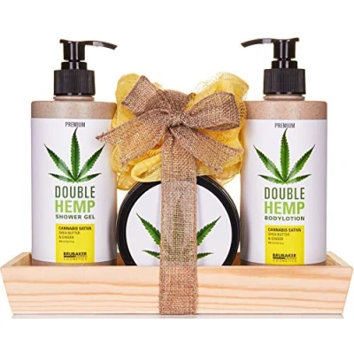 Image of BRUBAKER Cosmetics Hemp Oil Body Care and Shower Set Shea Butter &amp; Ginger with Wooden Tray (5 Pieces)