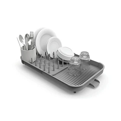 Image of Joseph Duo Expandable Dish Drying Rack, Kitchen Plate Drainer with Utensil Pot and Draining Spout, Grey