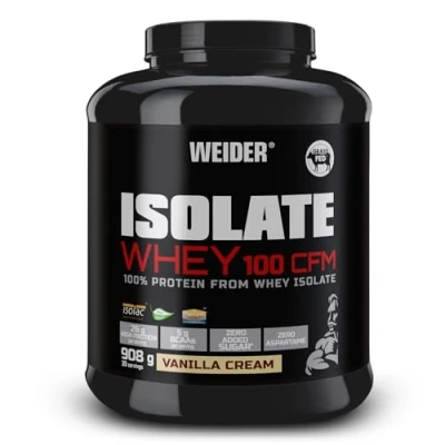 Image of Weider Isolate Whey 100 CFM (908g) Vanilla Cream Flavour. Protein Powder with 25g Proteins and 5g BCAAs per Serving. Zero added Sugar. Aspartame Free.