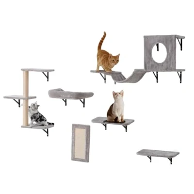 Image of VEVOR Wall Mounted Cat Shelves, Shelves and Perches with Jumping Boards, Hammock, Sofa, Tree &amp; Grip, Furniture up to 40 lbs for Sleeping, Playing, Climbing, Set of 6