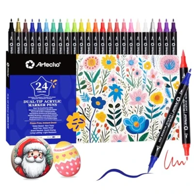 Image of Artecho Acrylic Paint Pens 24 Colors, Dual Tip Markers with Brush and Fine for Rock Painting, Glass, Paper, Wood, Egg, Canvas, Ceramic, Fabric, leather, DIY Crafts