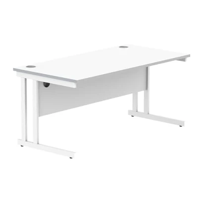 Image of Office Hippo Essentials Rectangular Desks, Home Writing Computer Desk For Work Place Or Home, With Cable Port Management, White Frame, Arctic White, 160cm x 80cm